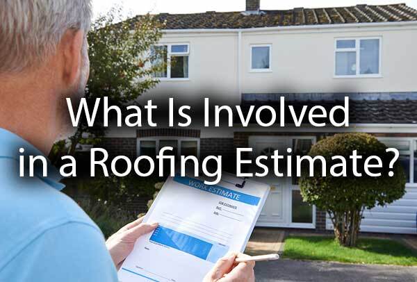 An estimator looking at the roof with the words, "What Is Involved In a Roofing Estimate?"