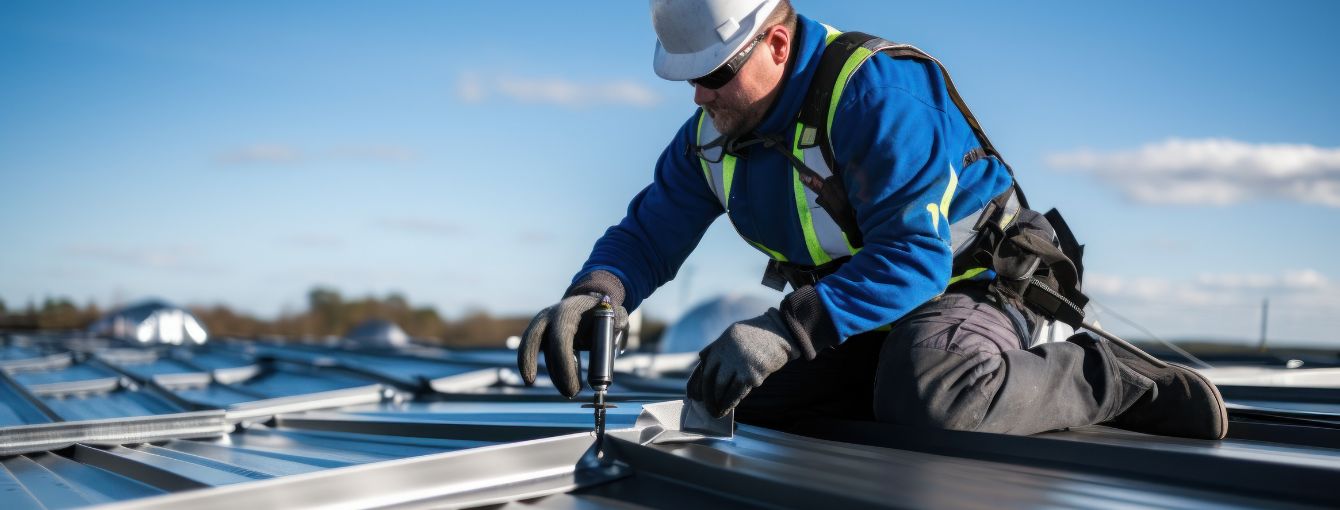 A construction worker in a white hard hat, blue jacket, safety harness, and gloves kneels on a shiny metal roof, using a power drill to secure a panel under a clear blue sky with scattered clouds and a distant horizon.