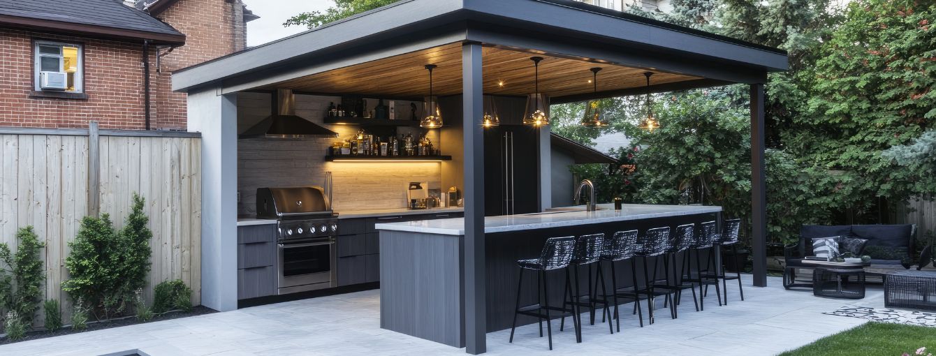 Peaceful backyard deck with pergola and lush greenery—perfect for relaxing