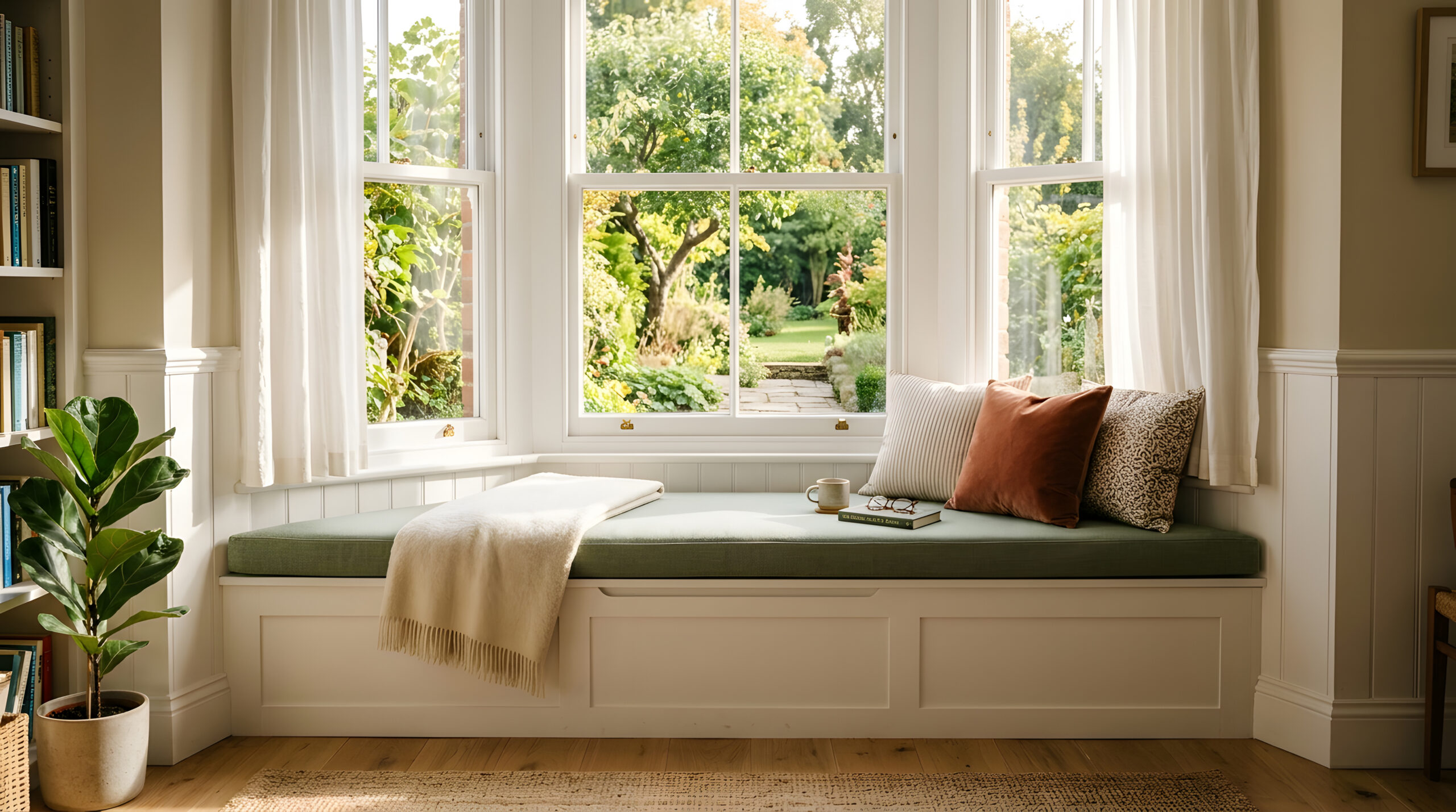 Cozy bay window seat with garden views