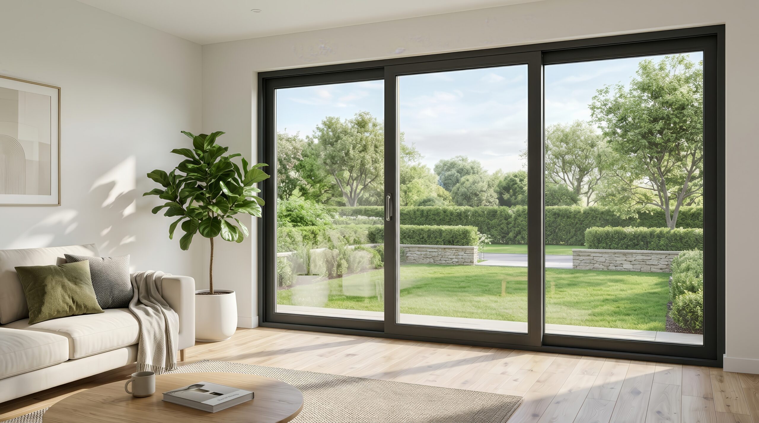 Modern living room with large sliding glass doors