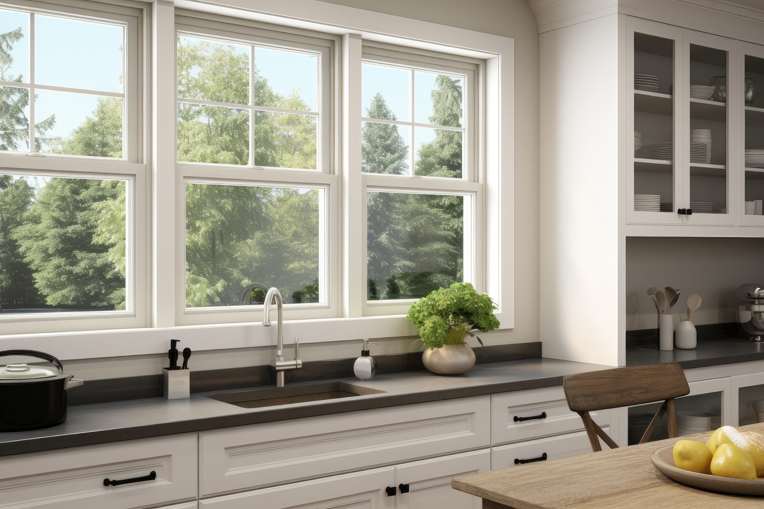 Single hung vinyl windows in a kitchen interior